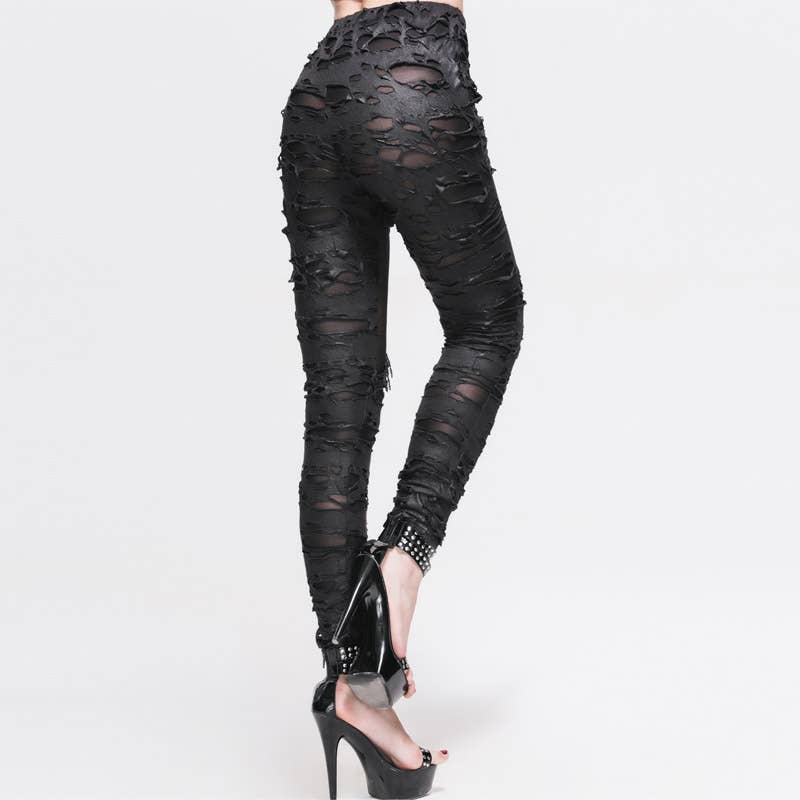 Black Skull Goth Distressed Mesh Leggings Sheer Pants