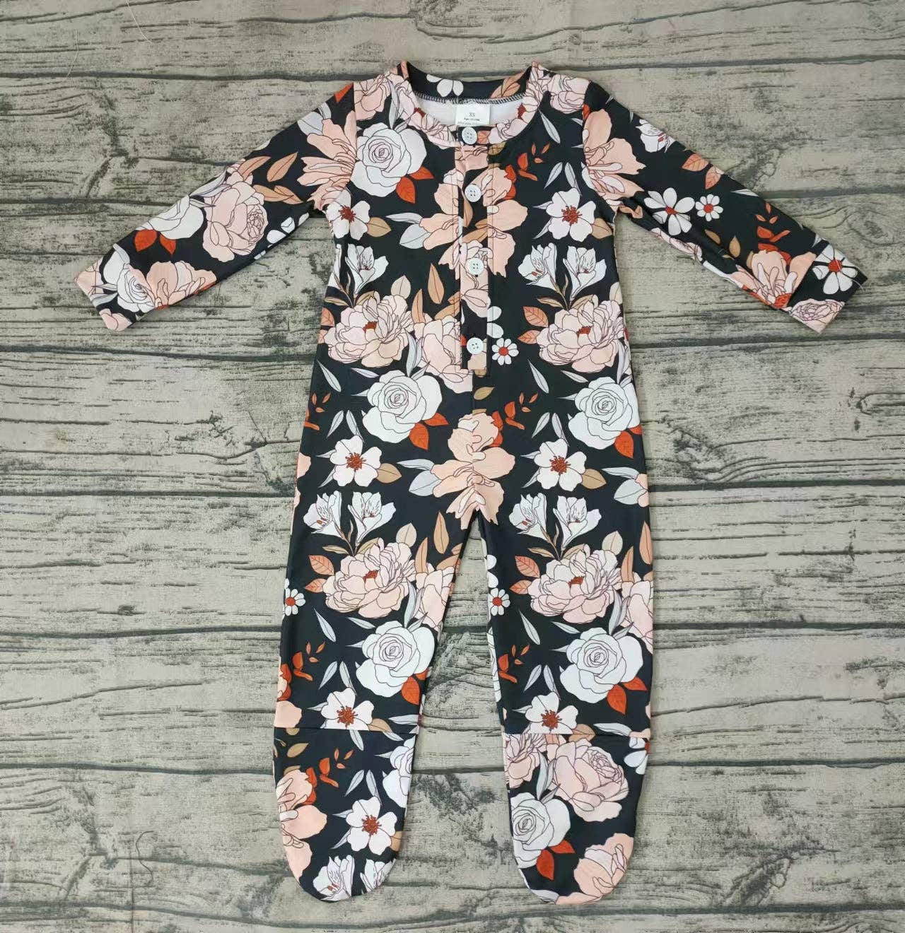 Baby girls black floral long sleeve buttons rompers