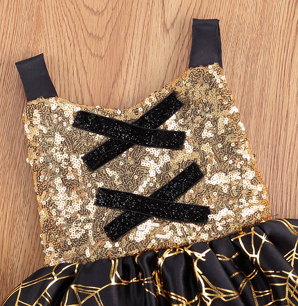 Gold Black Spiderweb Hallowen Tutu Girl Dress