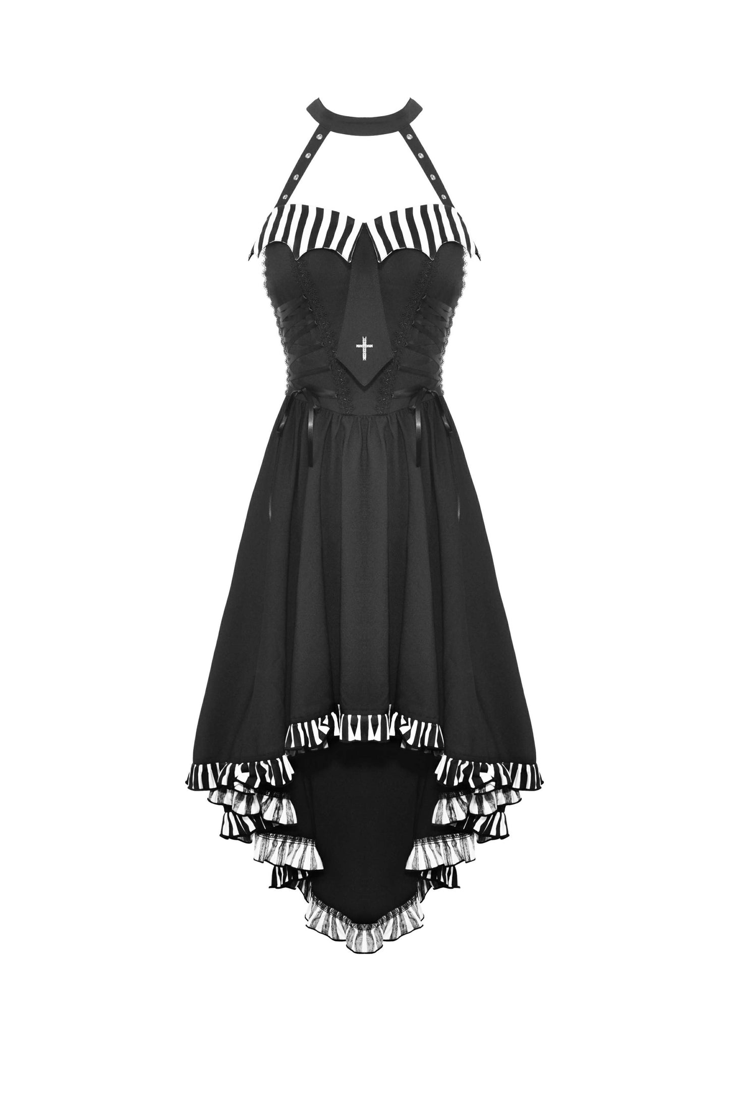 Black cross necktie striped prom high low dress