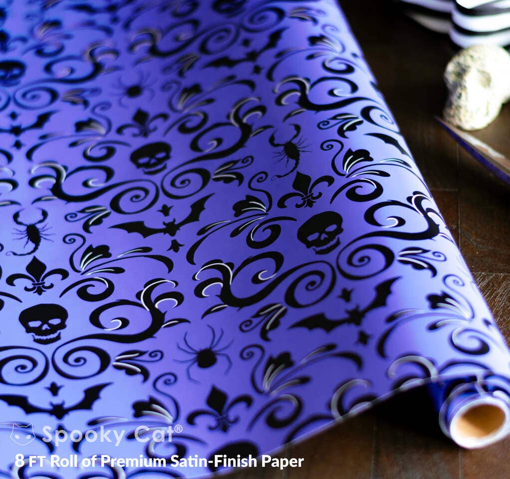 Skull Damask Gift Wrap - Purple (8ft Roll)