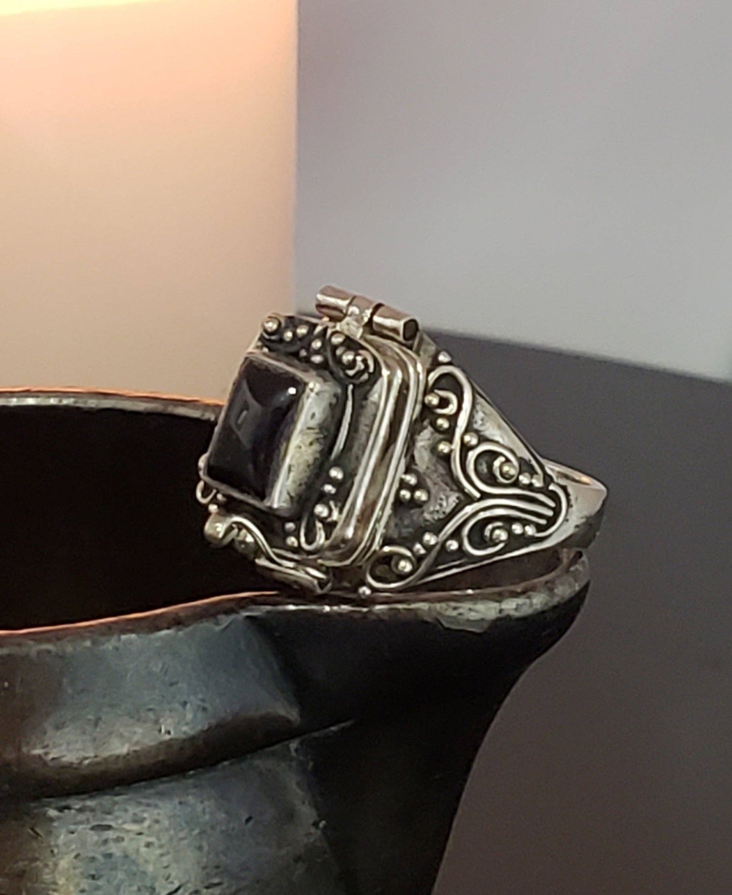 Gothic Black Onyx and Sterling Silver Poison Box Locket Ring