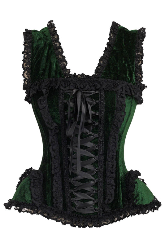 Top Drawer Dark Green Velvet & Lace Steel Boned Corset w/Cap Sleeves