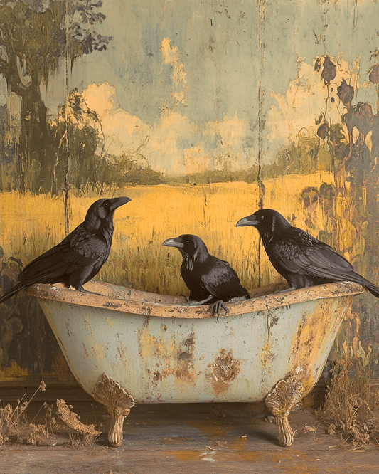 Folk Art Ravens in Bathtub - Bathroom Wall Art Prints – w/Gold 11″x14″ Frame