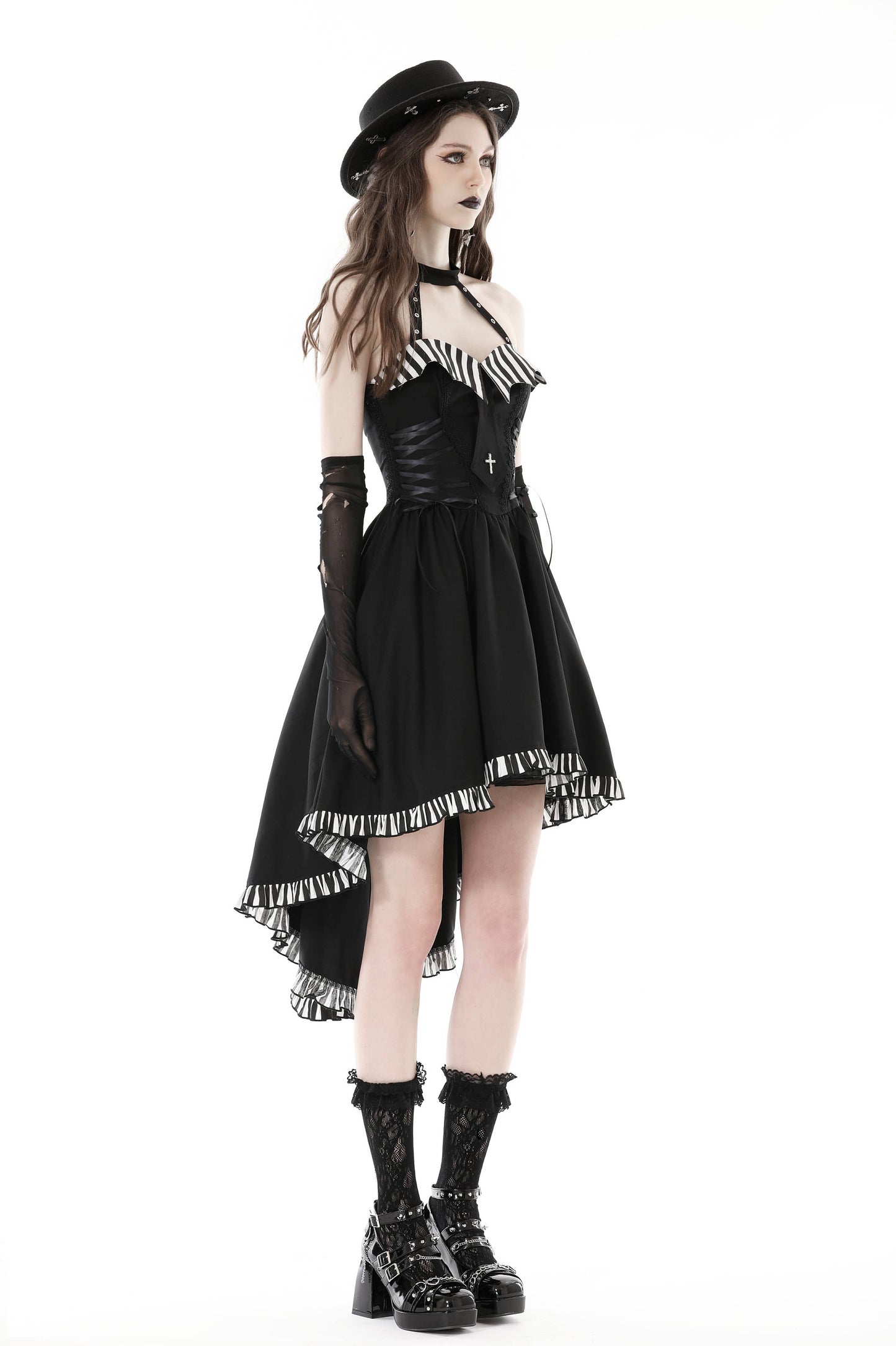 Black cross necktie striped prom high low dress