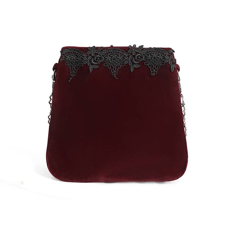 Burgundy Laced velvet handbag with heart chain