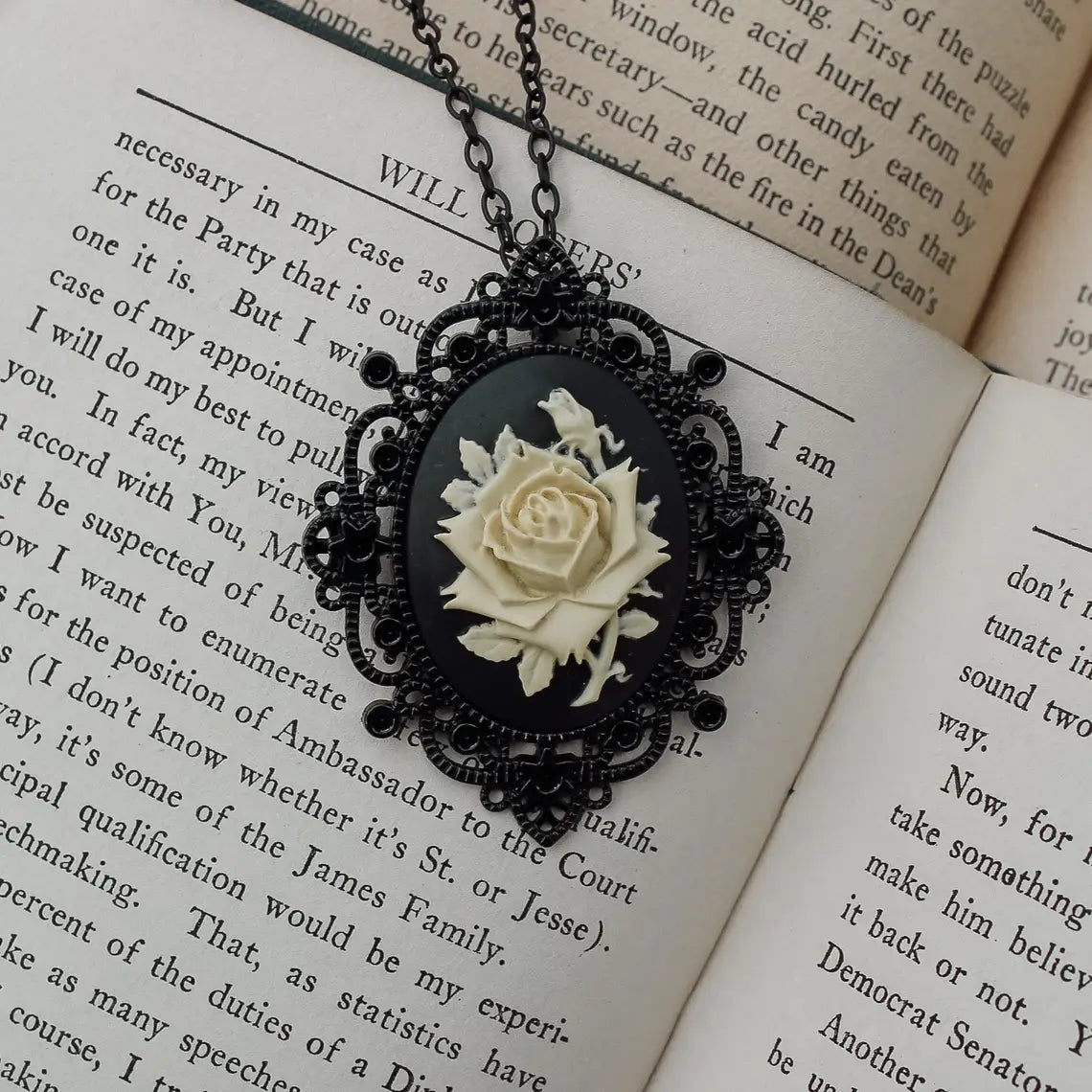 Cream Rose Oval Cameo Black Victorian Goth Necklace