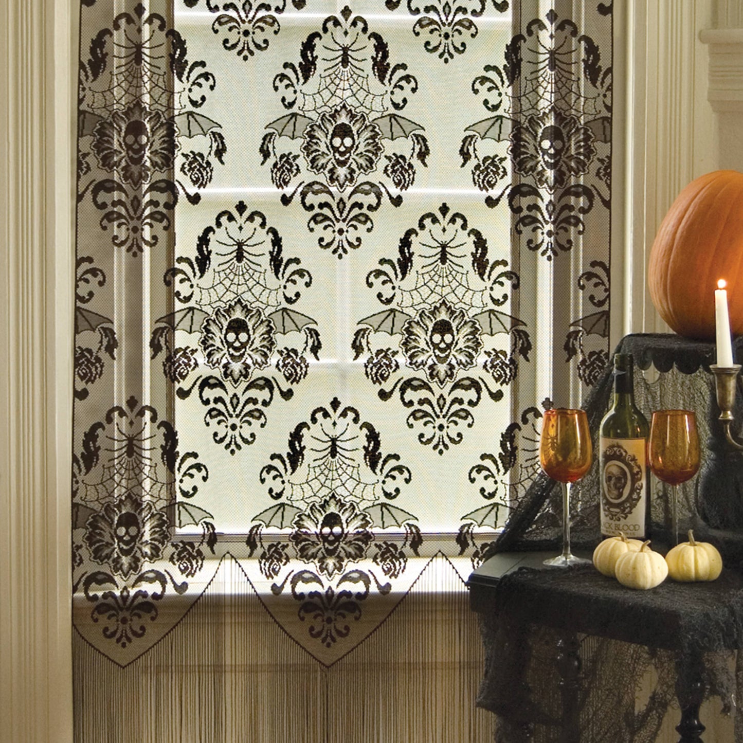 Gothic Damask Skull 38x84 Lace Curtain Panel