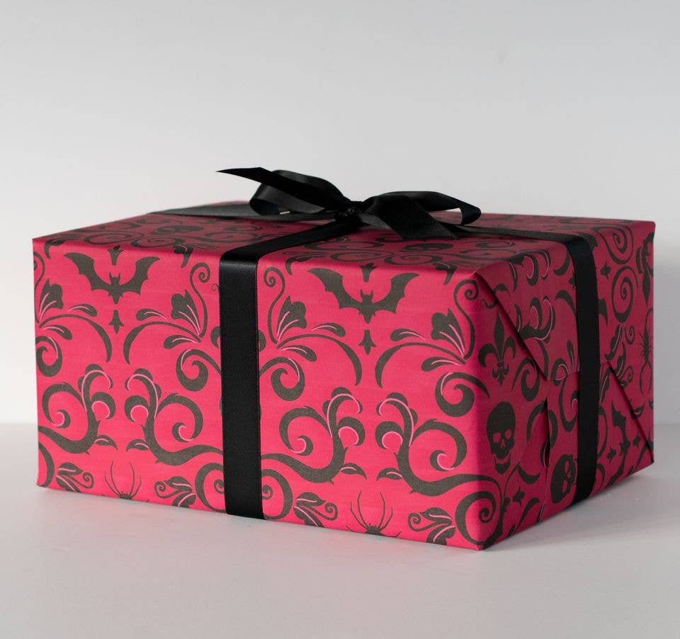 Skull Damask Gift Wrap - Red (8ft Roll)