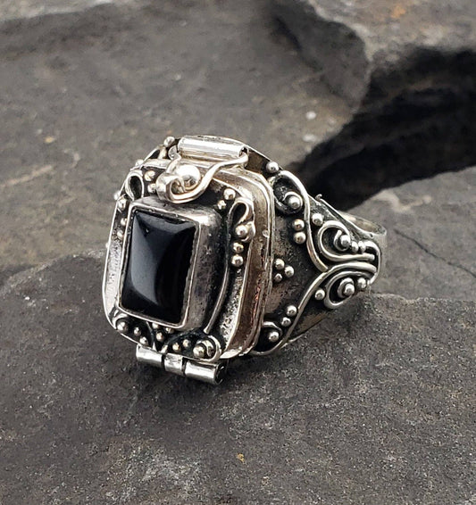 Gothic Black Onyx and Sterling Silver Poison Box Locket Ring