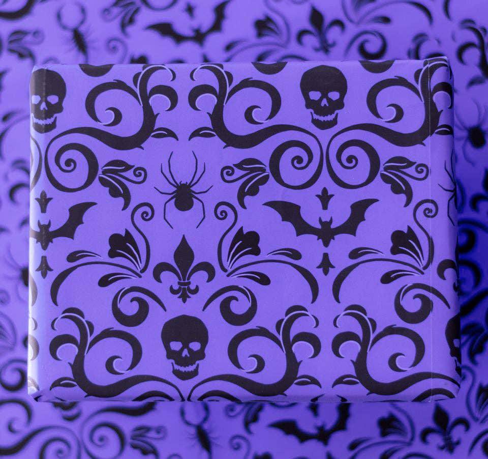 Skull Damask Gift Wrap - Purple (8ft Roll)