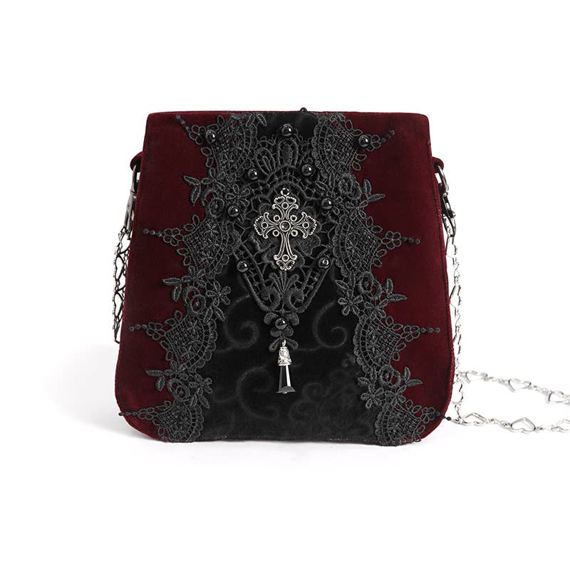 Burgundy Laced velvet handbag with heart chain