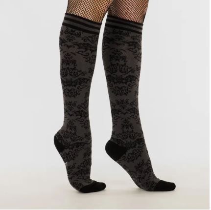 Black Damask Bat Knee High Socks