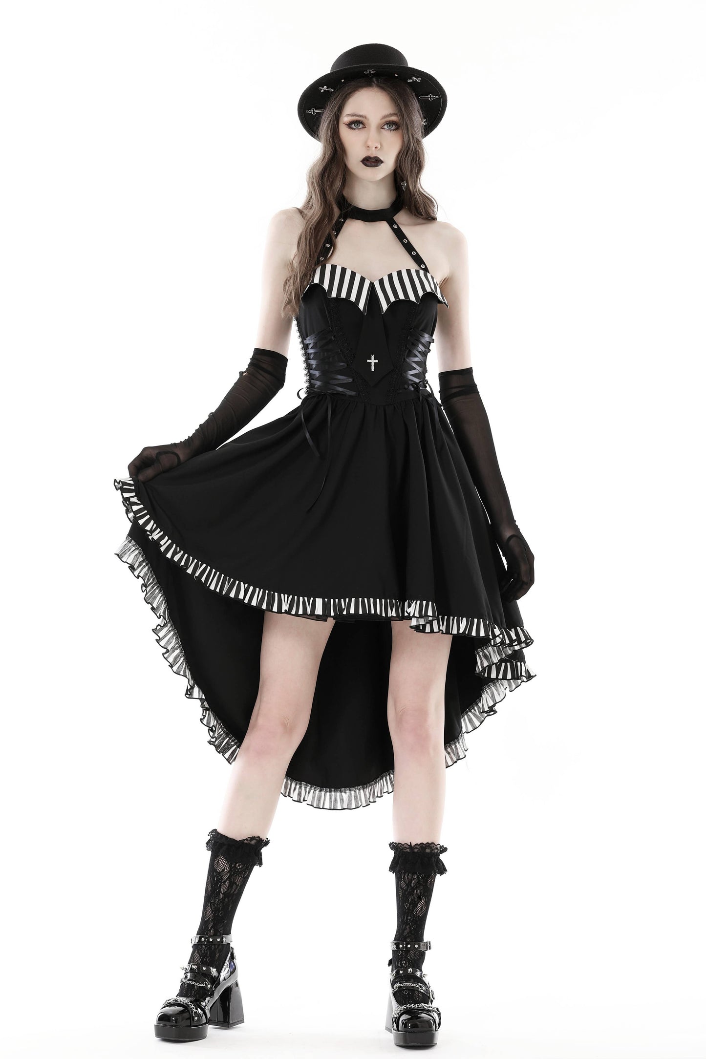 Black cross necktie striped prom high low dress