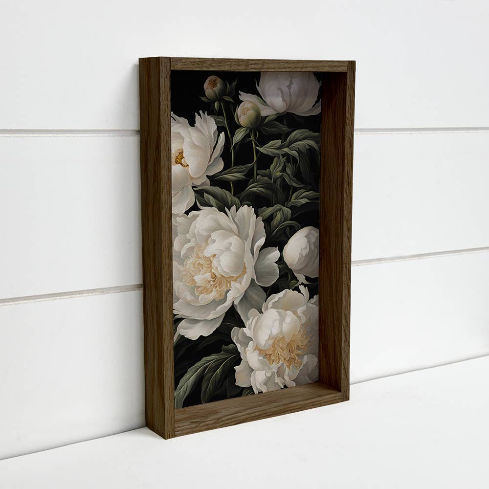 White Peony Black Background Framed