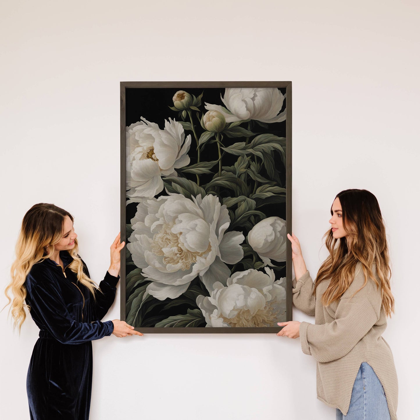 White Peony Black Background Framed