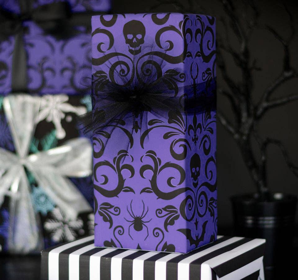 Skull Damask Gift Wrap - Purple (8ft Roll)