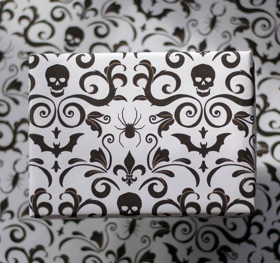 Skull Damask Gift Wrap - Bone (8ft Roll)