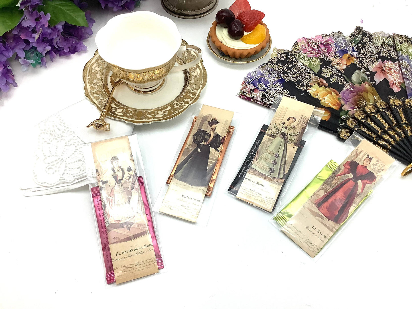 Tea and Bookmark with French Tea packet Victorian Ladies