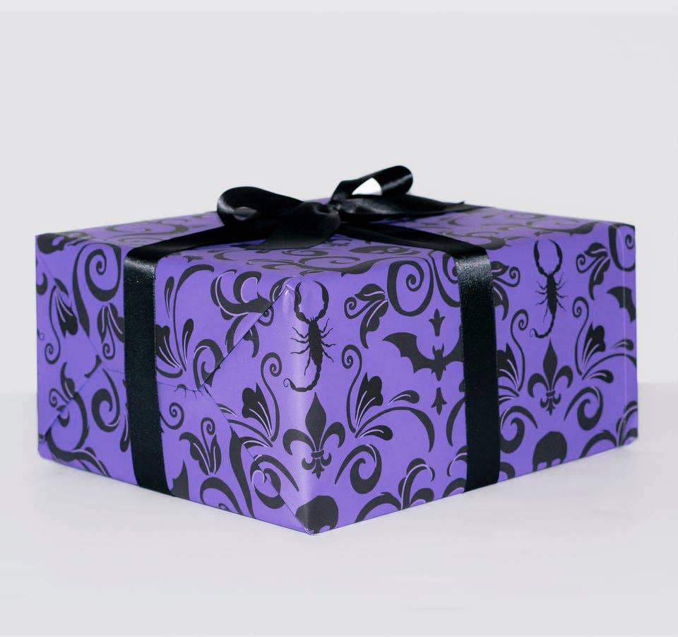 Skull Damask Gift Wrap - Purple (8ft Roll)