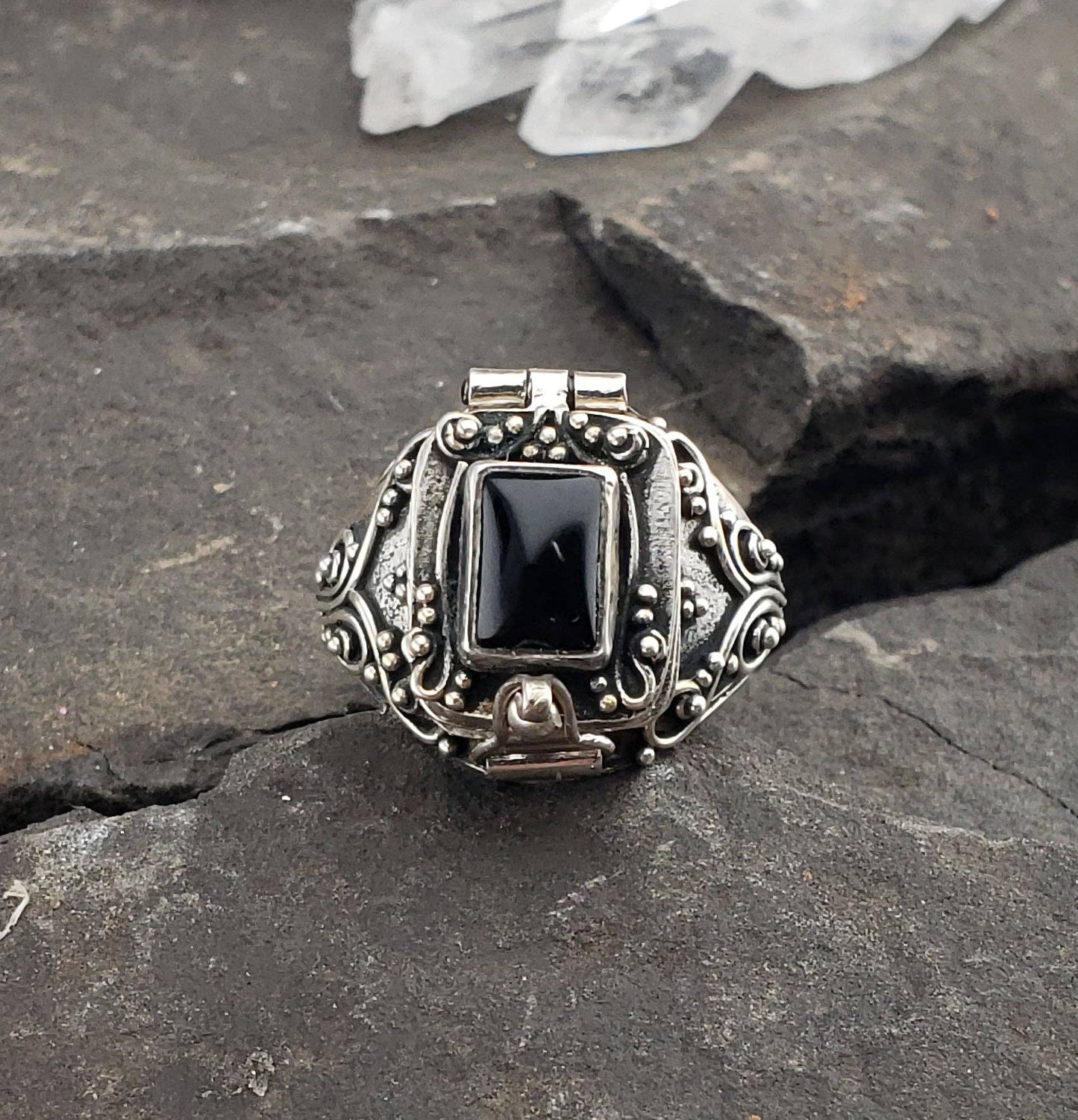 Gothic Black Onyx and Sterling Silver Poison Box Locket Ring