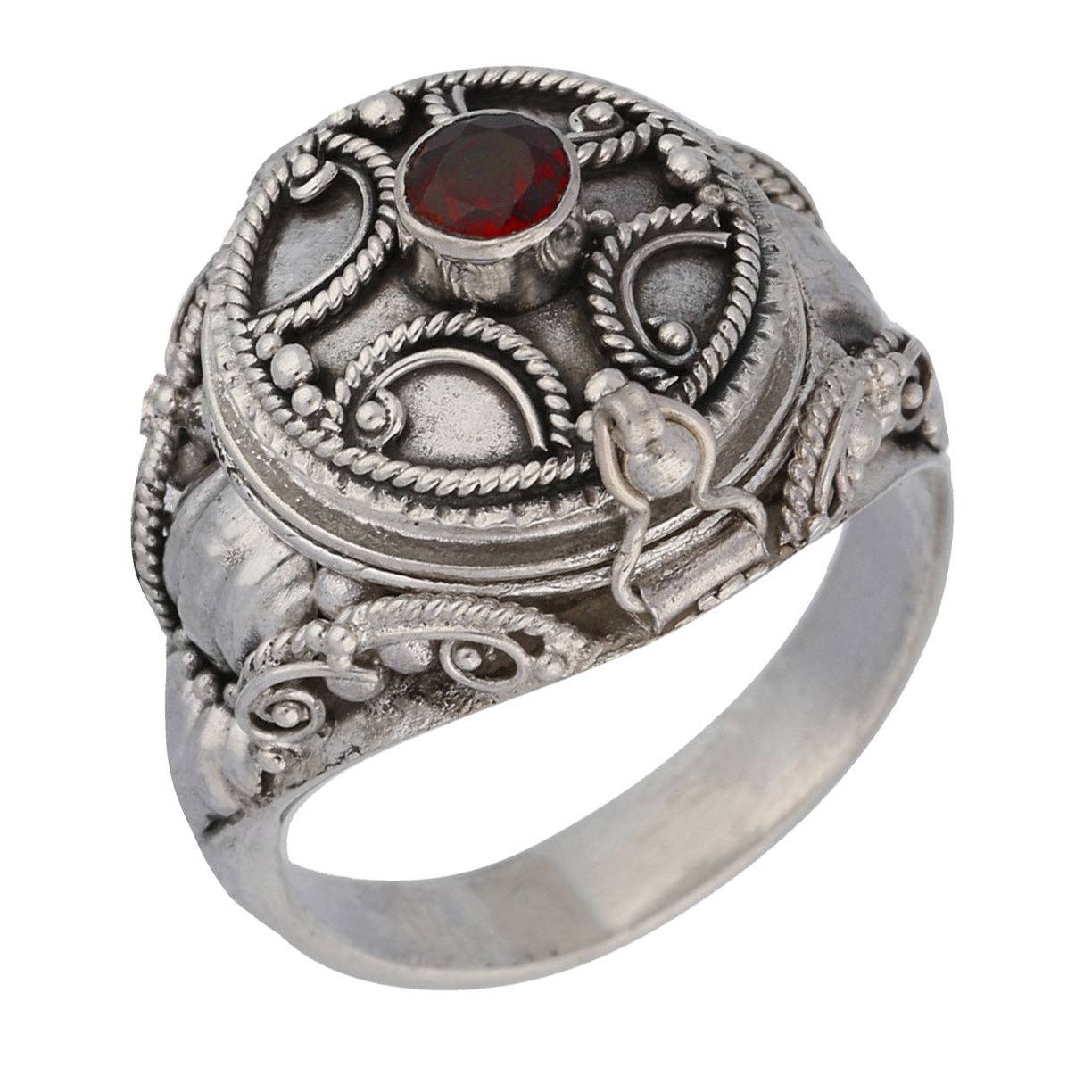 Medieval Ringed Cross Poison Locket Sterling Silver and Garnet Ring