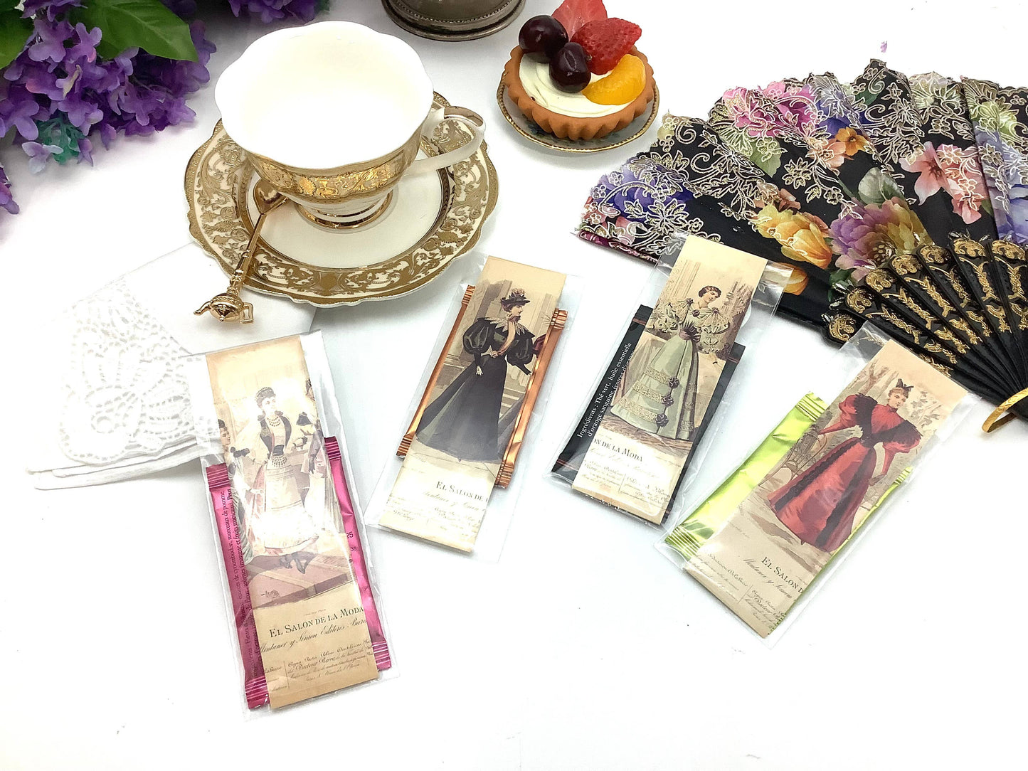 Tea and Bookmark with French Tea packet Victorian Ladies