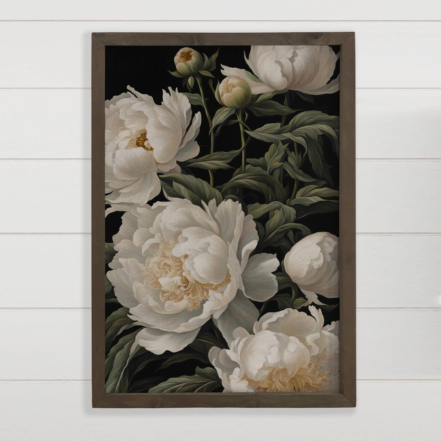 White Peony Black Background Framed