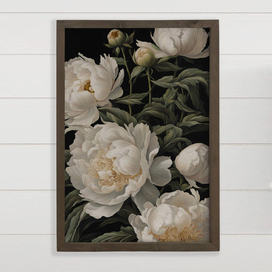 White Peony Black Background Framed